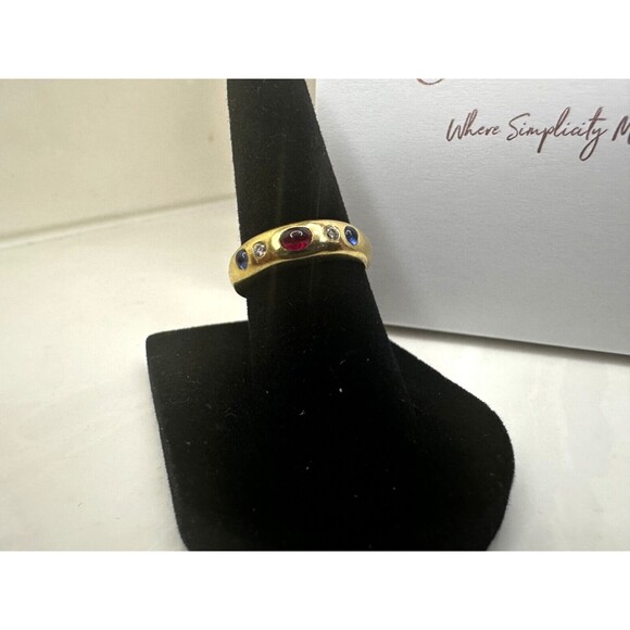 Vintage 18K Gold Ruby, Diamond & Sapphire Cabochon Gypsy Ring – Size 5.75 - Picture 3 of 3